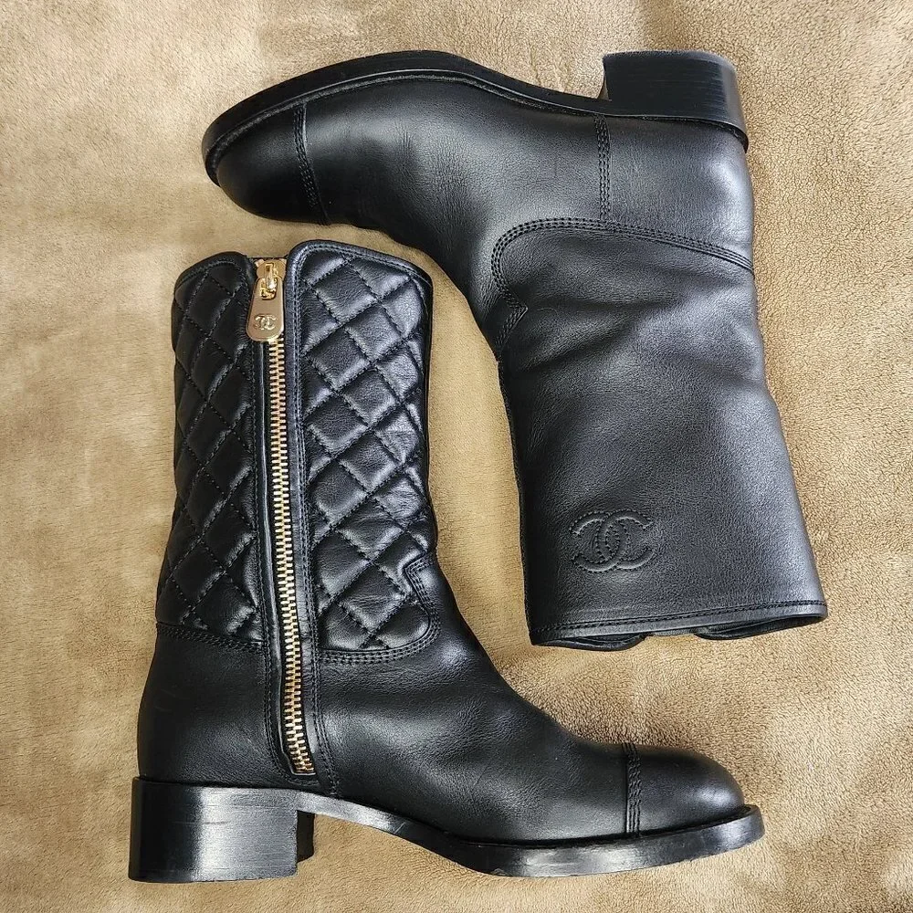 Chanel Mid-Calf Quilted Black Leather Boots, Authentic